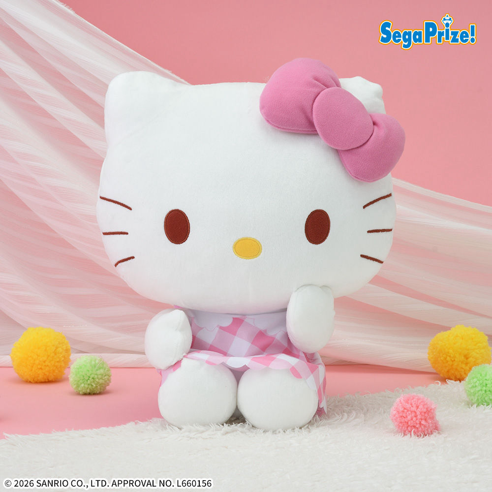 ハローキティ　LLぬいぐるみ　ピンクチェックVer．